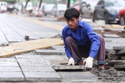 Công nhân lát vỉa hè trên đường Trần Đăng Ninh. Ảnh: Gia Chính