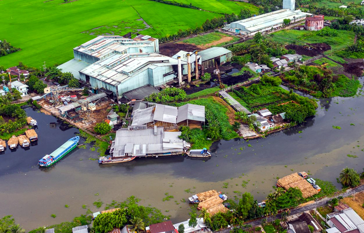 Sông Cái Lớn tại khu vực nhà máy của Công ty Mía đường cồn Long Mỹ Phát hôm 3/5. Ảnh: Thuận An.