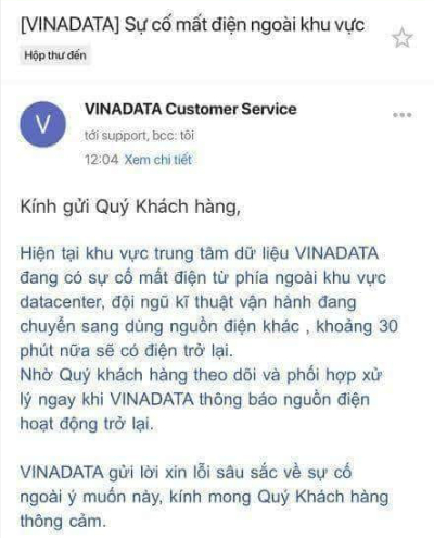 Email giải thích lý do sự cố cho khách hàng của VinaData.