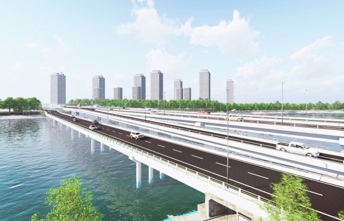 Phối cảnh kiến trúc dự án hai cầu đi thấp qua hồ Linh Đàm. Ảnh ban quản lý dự án cung cấp.
