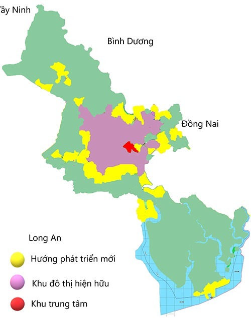 Các hướng phát triển (màu vàng) của TP HCM. Đồ hoạ: Nguyễn Tâm.
