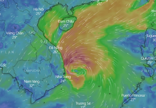 Cơn bão số 5 dự kiến đổ bộ vào Nam Trung Bộ từ chiều nay. Ảnh: windy.com.
