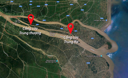Vị trí sông Cửa Trung được tỉnh Tiền Giang đề xuất chặn làm hồ trữ nước ngọt.