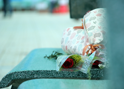 Những bó hoa dành tặng thầy cô vương vãi khắp sân trường và ghế đá sau tai nạn. Ảnh: Phạm Duy.